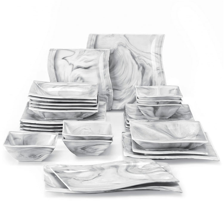 26 Piece Marble Grey Square Dinnerware Sets
