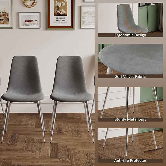 36" Round Glass Dining Table Set for 4, 5-Piece Modern Kitchen Table with 4 Grey Velvet Small Chairs, Modern Circle Leisure Tables for Home Office Dining Room Small Spaces (Silver Leg)