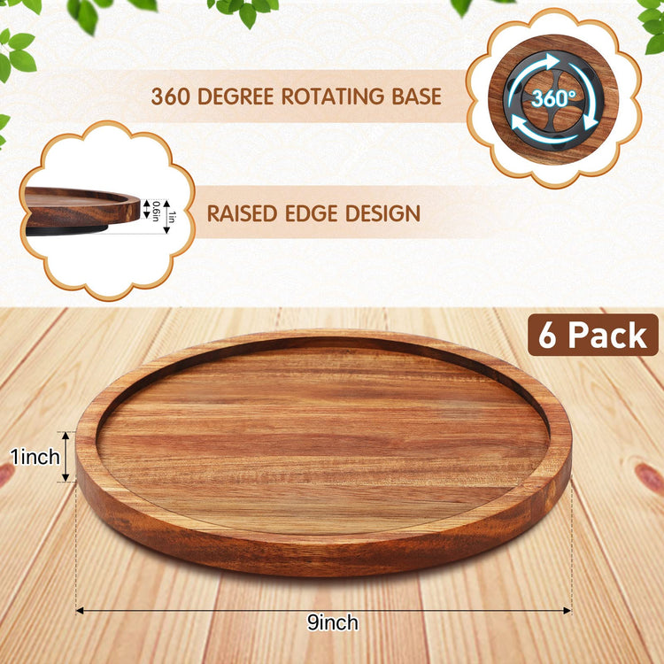 6 Pcs 9 inch Acacia Wood Lazy Susan Organizers Kitchen Turntable Round Lazy Susan Turntable Tray for Kitchen Counter Pantry Table Organization Cabinet Bathroom (6 Count)