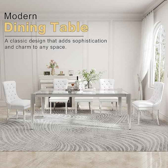 78'' Modern Glass Dining Table for 6-8 People,Tempered Glass Top Dining Room Table with Stainless Steel Base, Glass and Silver Dining Table for 6, Rectangle Dining Kitchen Table for Dinner