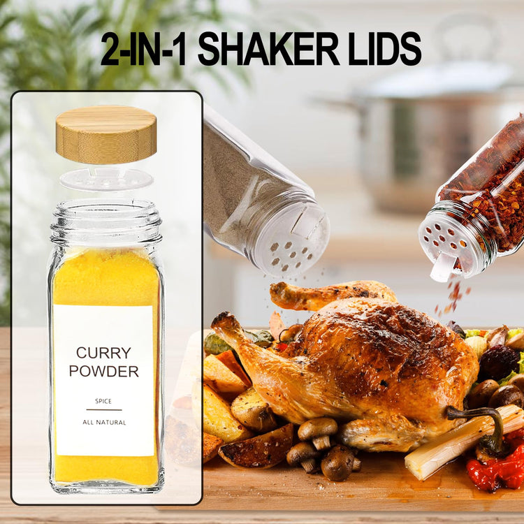 Glass Spice Jars with Bamboo Lid & 398 Label for Cabinet & Drawer Organizer