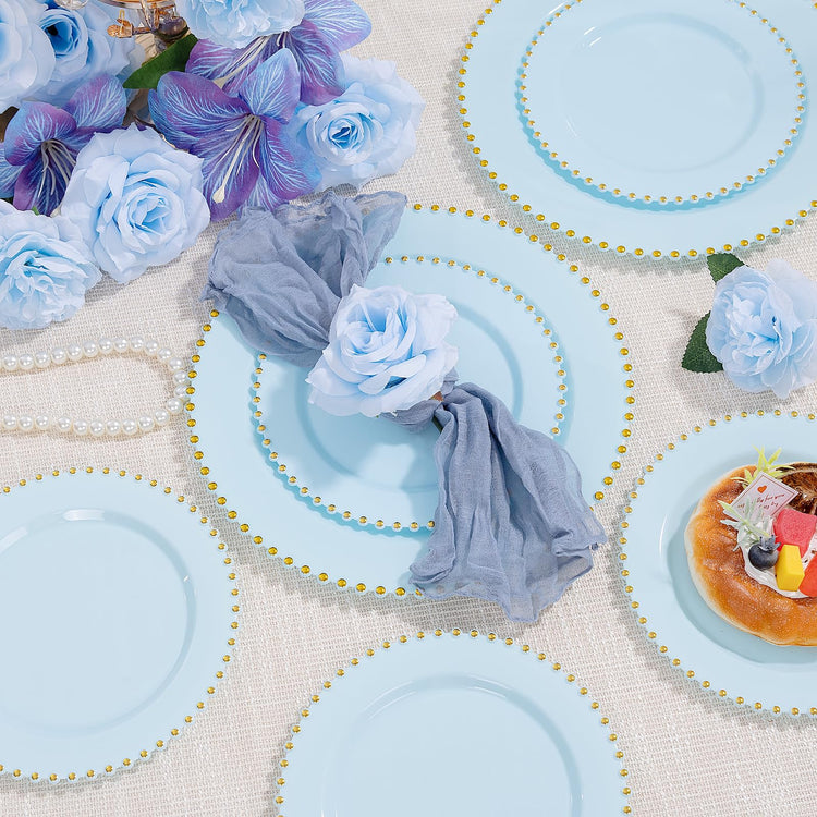 100pcs Light Blue Plastic Plates with Gold Beads for Wedding Party (100 Count)