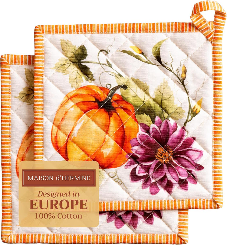 Maison d' Hermine Pot Holders set 100% Cotton Heat Resistant Potholders 8" x 8" Hot Pads with Loop BBQ, Cooking, Baking, Grilling, Kitchen, Handling Hot Pans (Pack of 2, Pumpkin Garden - Cloudy Cream)