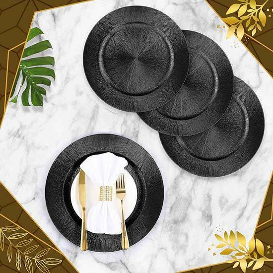 Tanlade 50 Pcs Charger Plates Bulk, 13 Inch Plastic Round Charger Dinner Plates Elegant Wedding Serving Plate for Event Tabletop Wedding Party Bridal Baby Shower Decor (Black)