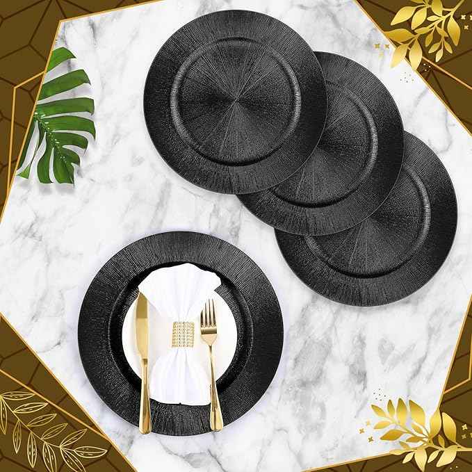 Tanlade 50 Pcs Charger Plates Bulk, 13 Inch Plastic Round Charger Dinner Plates Elegant Wedding Serving Plate for Event Tabletop Wedding Party Bridal Baby Shower Decor (Black)