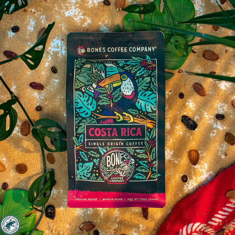 Bones Coffee Company Costa Rica Single-Origin, Cocoa, Nutty and Milk Chocolate Notes, Ground Coffee Beans, Low Acid Medium Roast Arabica Beans Flavored Coffee for Auto drip Coffee Maker, 12 oz Ground