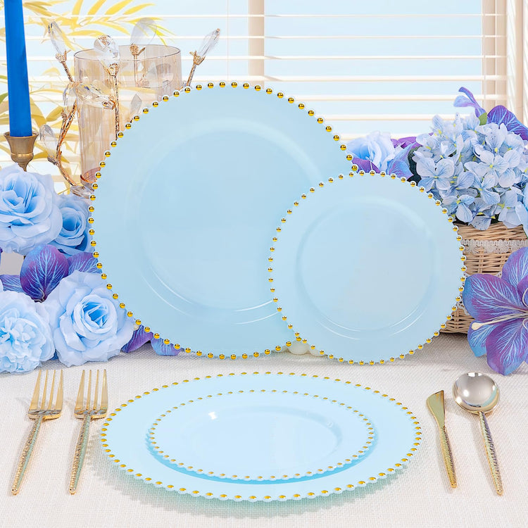 100pcs Light Blue Plastic Plates with Gold Beads for Wedding Party (100 Count)