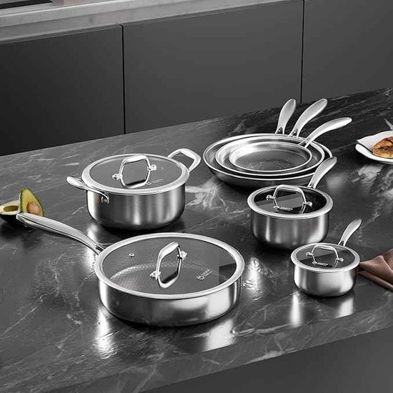 COOKER KING Stainless Steel Cookware Set, 11 Pcs Pots and Pans Set, Hybrid Ceramic Cookware,Non-Stick Frying Pans, Saucepans, Saute Pan & Stock Pot, Non-Toxic, Oven Safe, Induction Compatible