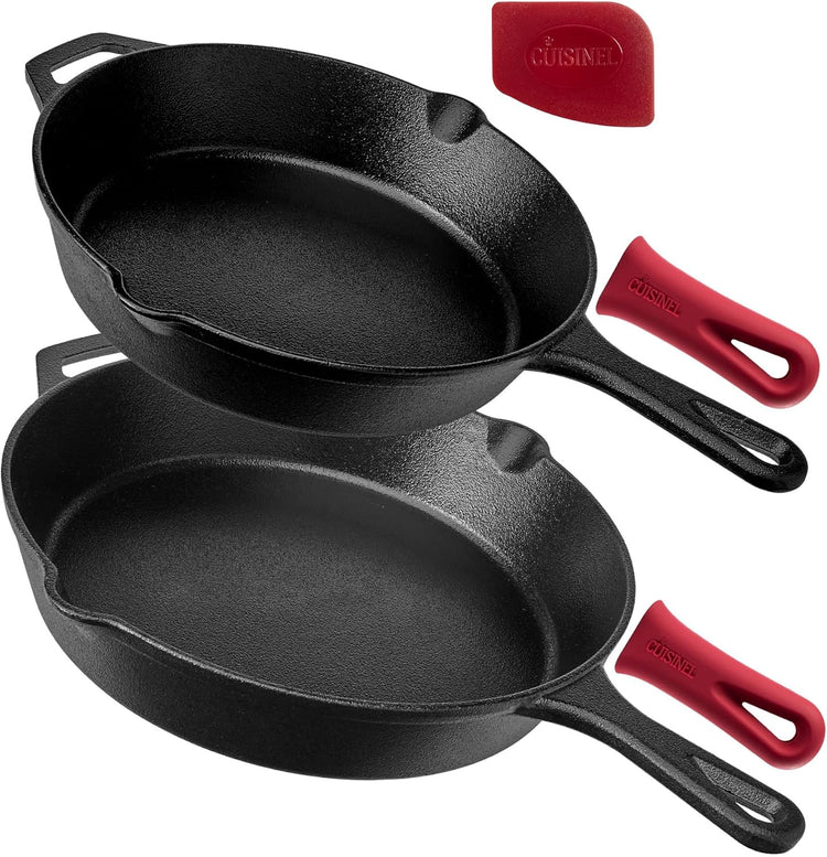 Cuisinel Cast Iron Skillets Set - 10" + 12"-Inch Pre-Seasoned Frying Pans + Removable Silicone Handle Holder Grips + Pan Scraper - Oven-Safe Cookware Kit + Accessories + Handle Helper - Nestoria