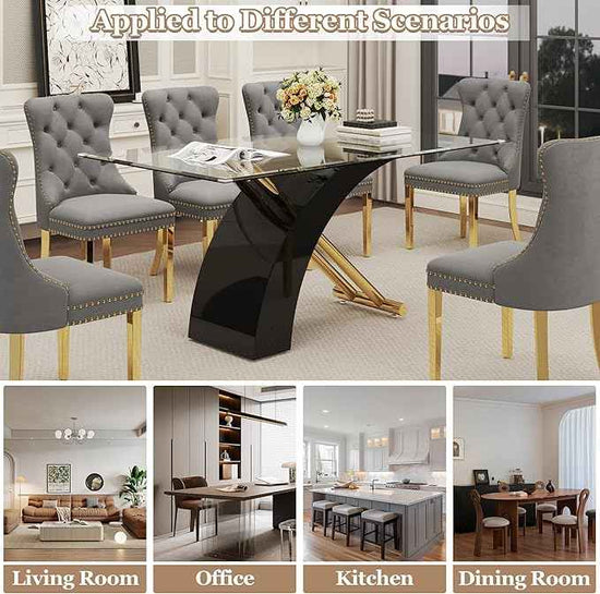 7 Piece Glass Dining Table Set for 6, 63" Modern Kitchen Table with 6 Grey Velvet Chairs, Tempered Glass Tabletop with Black X-Shaped MDF Base, Modern Dining Room Set for Kitchen and Dining Room