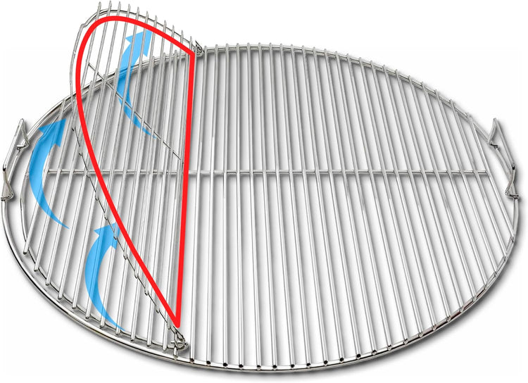 SnS Grills Slow ‘N Sear EasySpin Charcoal Grill Cooking Grate - Compatible with Weber and Other Grills, 2-Zone Stainless Steel Hinged Replacement - Tailgating & Backyard Cooking - 24” Inches