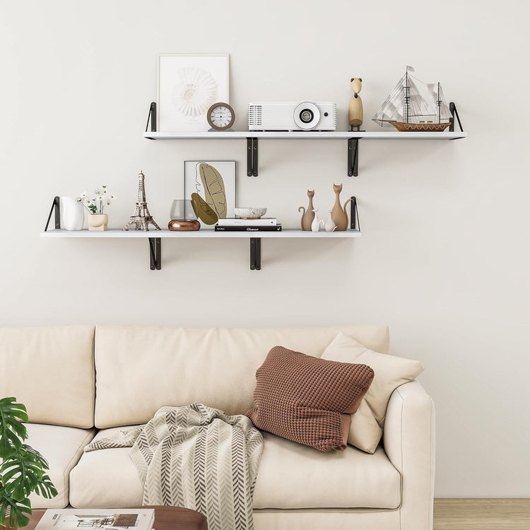 Heimlove Deep Floating Shelves for Wall, 12 Inch Deep Floating Shelves Set of 3, 16W x 12D Wood Wall Shelves, Wide Wood Shelves with Metal Bracket for Living Room, Kitchen, Office, Bedroom - White