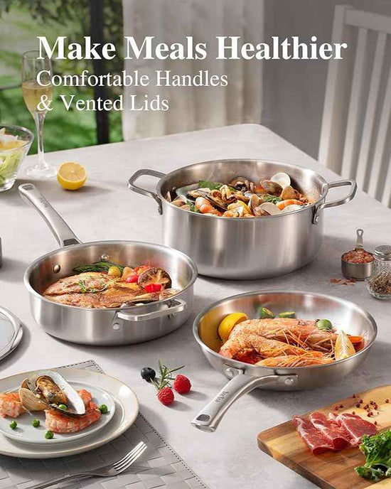 Stainless Steel Cookware Set,Tir-Ply Pots and Pans Set,13 Pcs Stainless Steel Induction Kitchen Cookware Sets,PFOA Free, Frying Pans, Butter warmer,Saute Pan & Stock Pot,Compatible with All Cooktops