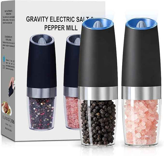 Gravity Electric Salt and Pepper Grinder set of 2, Automatic Salt And Pepper Grinder Set, Adjustable Roughness, Battery Powered, LED Light, 2 Pack, (Black)