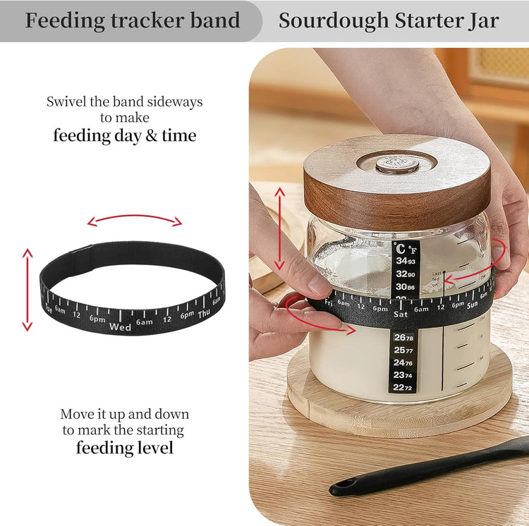 Wissy&Konny Sourdough Starter Jar，Wood Sealed Lid with Automatic Exhaust,35OZ with Ounce Scale Line,Date Marked Feeding Band, Thermometer, Sourdough Jar Scraper,Wide Mouth for Sourdough Bread Baking