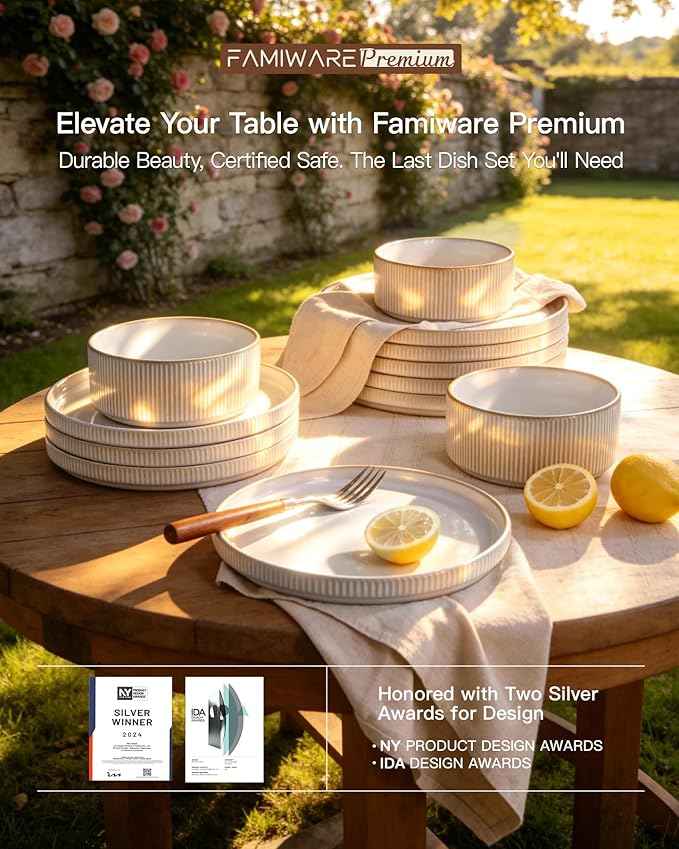24-Piece Dinnerware Set for 8, Famiware Premium Stoneware Dish Set with Ribbed Plates and Deep Bowls, Double Reactive Glaze, Chip & Scratch Resistant, Microwave & Dishwasher Safe, Cappuccino White