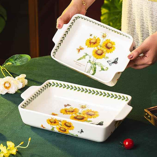 ONCCI In-Glaze Ceramic Baking Dish Set of 2 - Rectangular with Handles,Single Serving Size Casserole dishes 10.8*7.99in & 8.58*6.54inch Sizes - Oven Safe for Cooking, Baking, Casseroles - Dishwasher Safe(Sunflower)