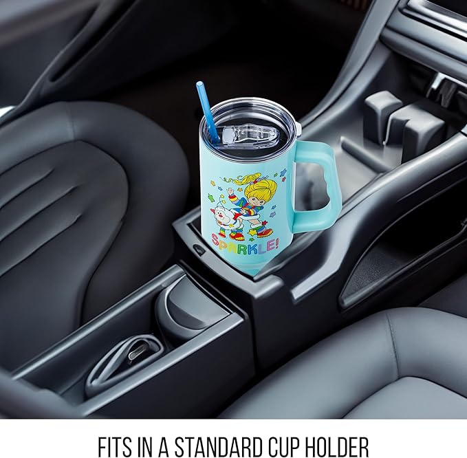Silver Buffalo Rainbow Brite and Twink Sparkle Stainless Steel Tumbler with Handle and Straw, Fits in Standard Cup Holder, 40 Ounces (Pack of 12)