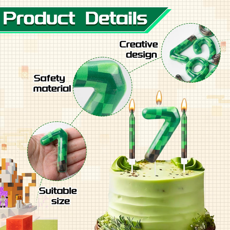 13 Pcs Dynamite Themed Birthday Cake Candles & Number 7 Candle Topper for Pixel Theme Birthday Party (13 Count)
