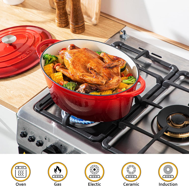 Velaze 7.5 QT Enameled Oval Dutch Oven Pot with Lid, Cast Iron Dutch Oven with Dual Handles for Bread Baking, Cooking, Frying, Non-stick Enamel Coated Cookware (RED) - Nestoria