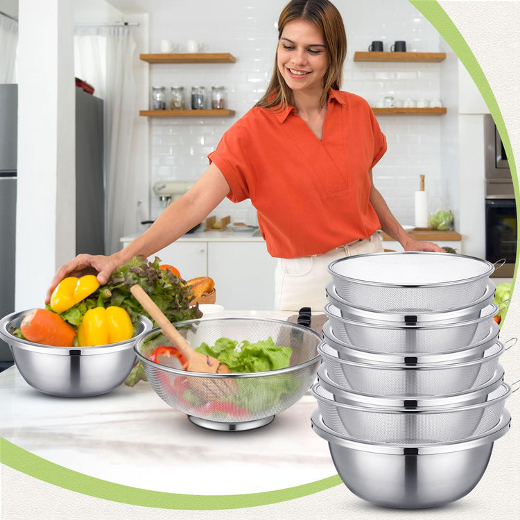 8 Pcs Stainless Steel Microporous Colander Set with 1.2qt 2qt 3qt 5qt Capacity Strainer with Metal Mixing Bowls (8 Count)
