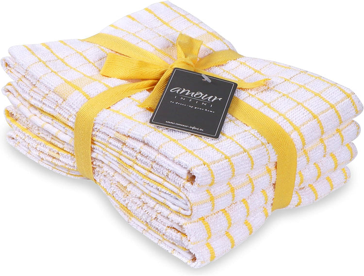 AMOUR INFINI Kitchen Towels Set of 4 - Highly Absorbent, Super Soft Terry Cotton 20x28 Inch Dish Towels with Hanging Loop - Hand & Tea Towels for Cleaning & Drying Dishes (Yellow) - Nestoria