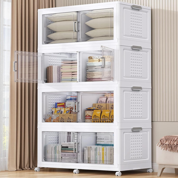 69.3"H 200Gal Plastic Storage Bins with Lid & Wheels,4Pack Extra Large Stackable Storage Bins with Dividers,Closet Organizers and Storage Cabinet Shelves Collapsible Box for Home Kitchen,White