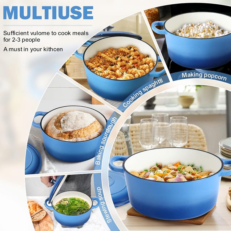 Small 3 Quart Dutch Oven, HaSteeL Round Cast Iron Cooking Pot with Lid, Nonstick Enameled Cookware for Sourdough Bread Baking Roasting Stewing Braising Frying, Heavy Duty & Oven Safe 500℉, Blue - Nestoria