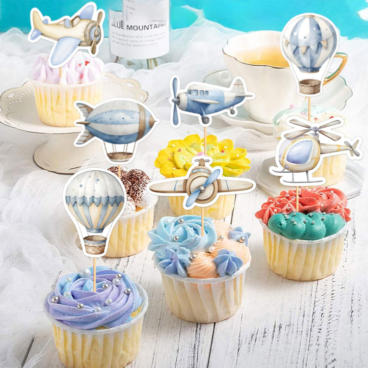 35Pcs Watercolor Blue Airplanes Cupcake Toppers Cartoon Hot Air Balloon Helicopter Cupcake Picks for Blue Boys Birthday Cupcake Decorations Airplane Baby Shower Cake Decorations (35 Count)