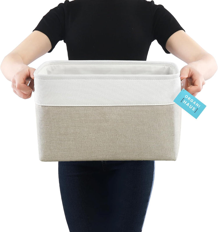 OrganiHaus Large Fabric Storage Baskets for Shelves 3 Pack, 15x11in Closet Storage Bins for Shelves, Cloth Baskets for Organizing, Linen Closet Organizers, Fabric Basket, Beige/White