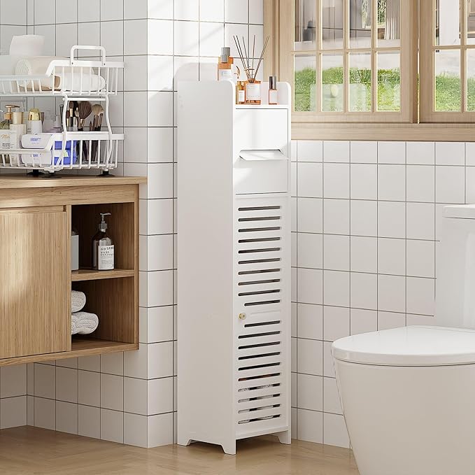 VECELO Storage Cabinet for Small Spaces,Bathroom Cabinet with Toilet Paper Scroll, Short Corner Cabinet with Farmhouse Style Door for Bathroom Space,White