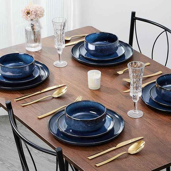 E-far Dinnerware Sets for 2, 6-Piece Stoneware Plates and Bowls Set, Ceramic Dishes Reactive Glaze Dinning Ware, Microwave & Dishwasher Safe - Deep Sea Blue