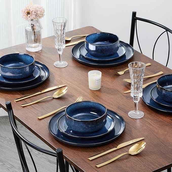 E-far Dinnerware Sets for 2, 6-Piece Stoneware Plates and Bowls Set, Ceramic Dishes Reactive Glaze Dinning Ware, Microwave & Dishwasher Safe - Deep Sea Blue