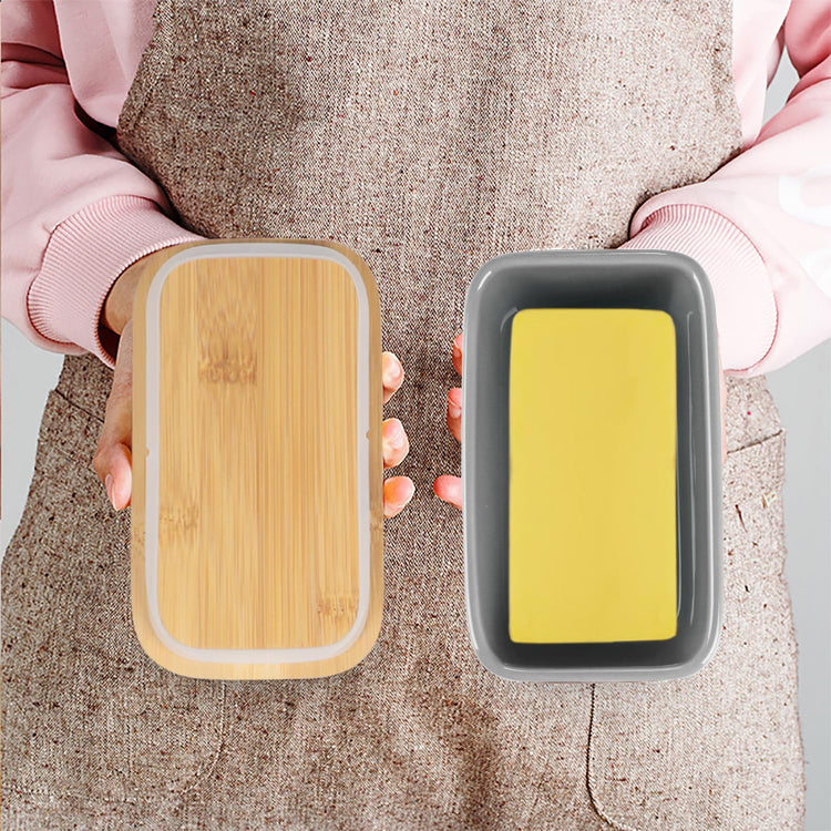 Ceramic Butter Dish with Bamboo Lid and Stainless Steel Knife Spreader Grey
