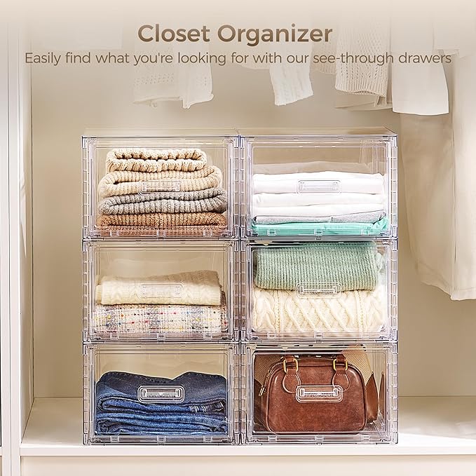 Vtopmart 3 Pack 18QT Clear Stackable Storage Drawers,Easily Assemble Closet Organizers,Plastic Storage Bins for Bathroom,Cabinet,Kitchen Pantry,Under Sink Organization(Medium)