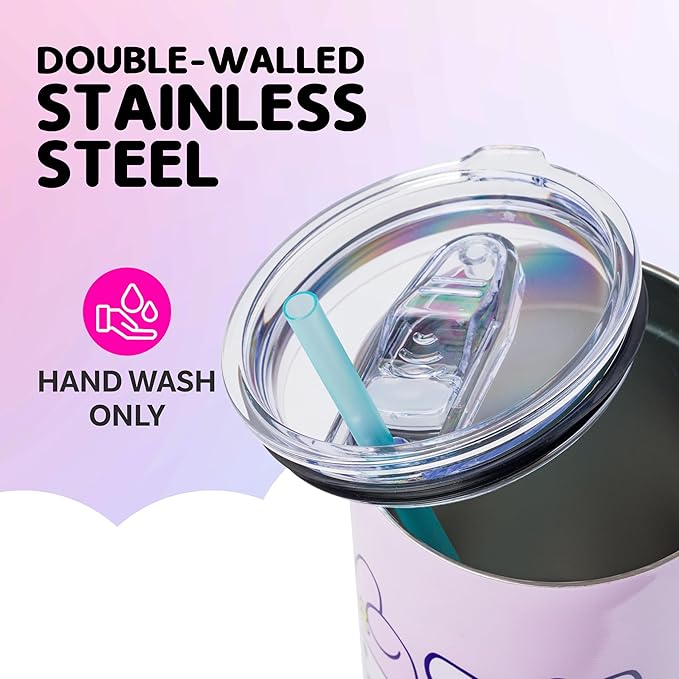 Silver Buffalo Sanrio Hello Kitty and Friends Featuring My Melody, Kuromi, Pompompurin Rainbow Ombre Double Walled Stainless Steel Tumbler with Handle and Straw, Fits in Standard Cup Holder, 40 Ounces