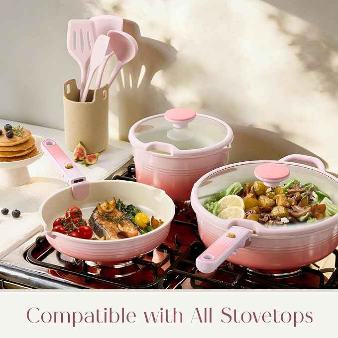 CAROTE 20Pcs Titanium Cookware Set, Pots and Pans Set Non Stick, Kitchen Cooking Set with Detachable Handle, Non Toxic Induction Cookware, Dishwasher/Oven Safe Pink