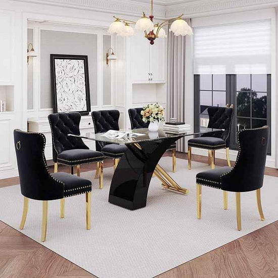7 Piece Glass Dining Table Set for 6, 63" Modern Kitchen Table with 6 Black Velvet Chairs, Tempered Glass Tabletop with Black X-Shaped MDF Base, Modern Dining Room Set for Kitchen and Dining Room