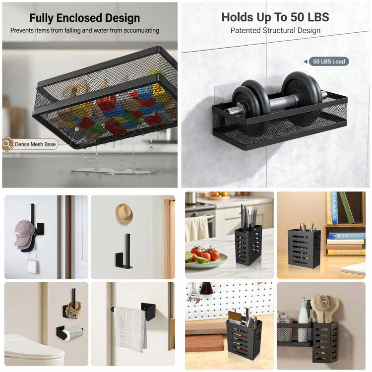 5-in-1 Wide Wall Mount Wrapped Mesh Kitchen Organizer & Shower Caddy Kit, with Paper Towel Holder, Utensil Holder, Soap Dish, Heavy Duty 50LBS - Matte Black, Netting