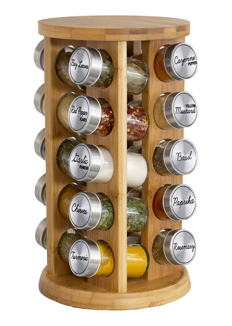 20 Jar Rotating Bamboo Spice Rack with Spices Included & 5