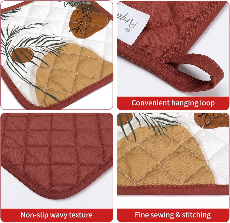 Boho Leaf Oven Mitts and Pot Holders Sets 4Pcs, 100% Cotton Heat Resistant, Extra Long Oven Gloves Potholder for Kitchen Cooking Baking Decoration