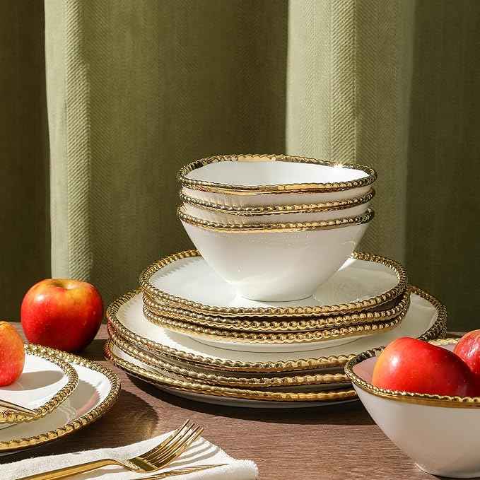 Christian Siriano Akoya Porcelain Dinnerware Set, 24-Piece - Dish Set for 8, Plates and Bowls Set, White and Gold