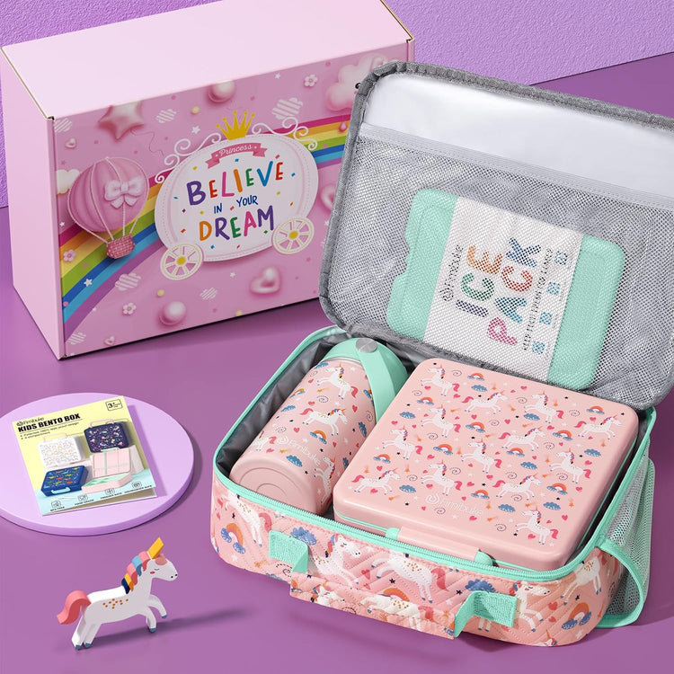 Fimibuke Kids Bento Lunch Box with 4 Compartments, Insulated lunch Bag, Stainless Steel Insulated Water Bottle, Ice Pack & Utensils Set, Birthday Gifts for Ages 3-12 Back to School Toddler Girls Boys