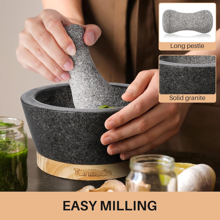 Tortillada – 6-inch Mortar and Pestle Set Large Made of Natural Granite with Anti-Scratch Wood Base Granite Spice Herb Grinder Pill Crusher with 50 Recipes, Black