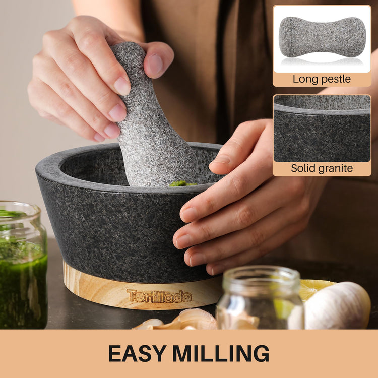 6 inch Mortar and Pestle Set Large Made of Natural Granite with Anti