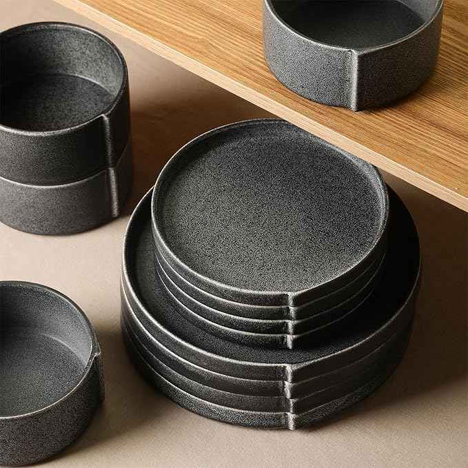 Stone Lain Bao 12-Piece Dinnerware Set Stoneware, Charcoal