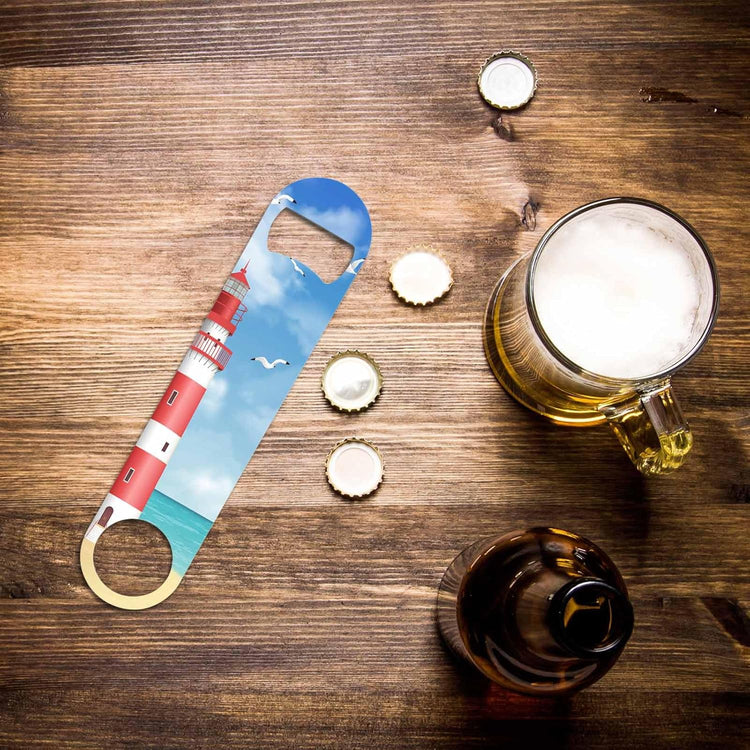 Lighthouse Stainless Steel Bottle Opener Cartoon Beach Seagull Realistic Tower Sky Sea Cloud Beautiful Scenery Flat Beer Bottle Opener Keychain for Home Kitchen Bar Restaurant Party Gift