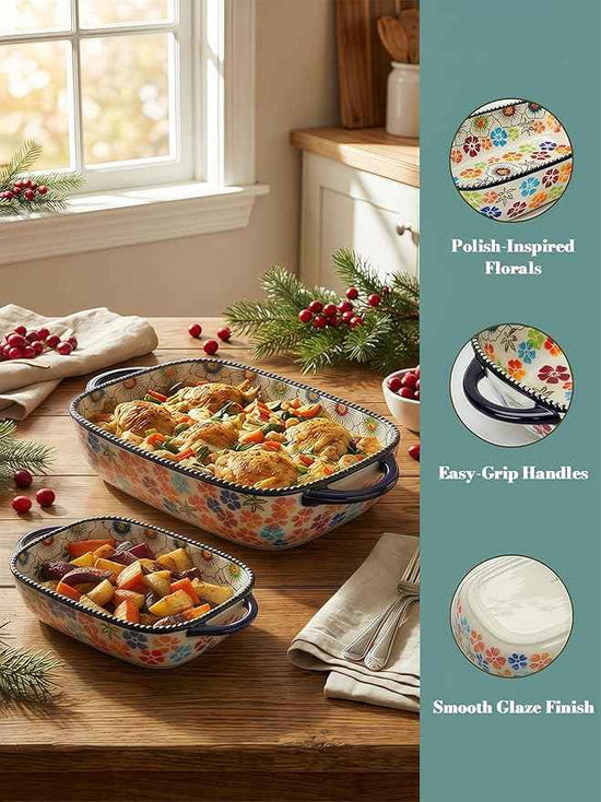 Polish Pottery Style Ceramic Baking Dish Set, 2-Piece Casserole Bakers for 2–3 People, Floral Decorative Bakeware, Oven Safe Lasagna Pan, Microwave Dishwasher Safe, Gift-Ready, Protective Packaging