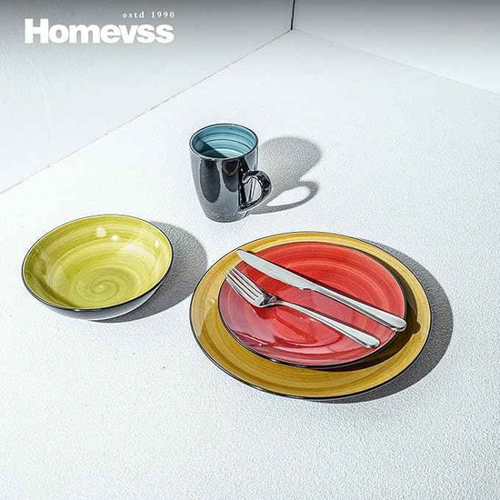Stoneware Sonoma 16pc Dinnerware Set, Black + Speckled Spin Wash, Mix Blue, Green, Red, Yellow