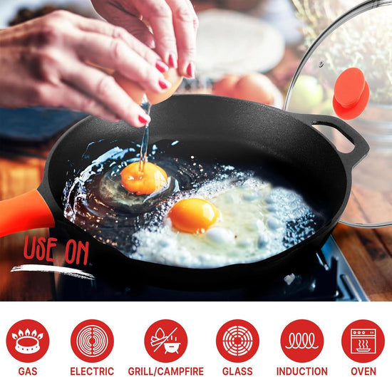 NutriChef 12-Inch Cast Iron Skillet w/Lid - Pre-Seasoned, Oven Safe, Nonstick, Cool-Touch Silicone Handle, For All Cooktops - NCCI12 - Nestoria